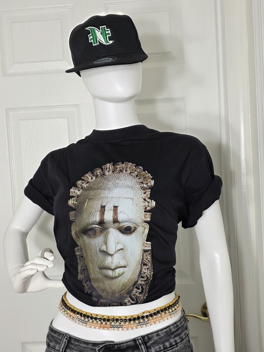 Black Graphic Tee with Tribal Mask Print